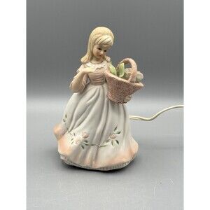 Vintage Ceramic Girl With Basket Of Flowers Lenwile Japan Night Light Lovely
